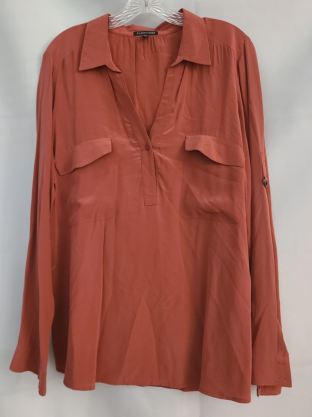 Eileen Fisher Sz M Terra Cotta Rust Orange 100% Silk Office Work Blouse